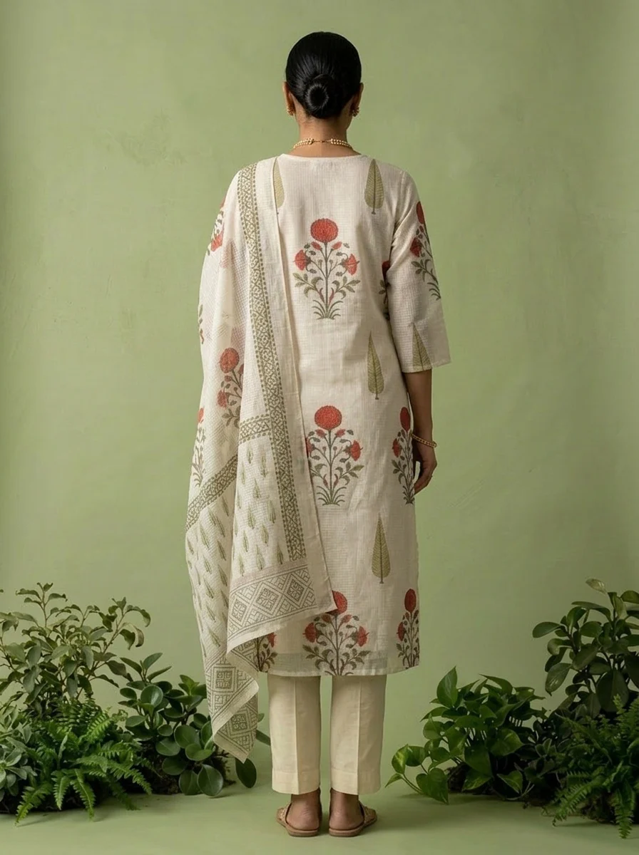 Cream Cotton Stone Embroidery And Floral Printed Three Piece Set - Image 4