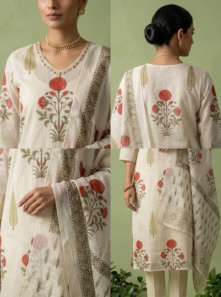 Cream Cotton Stone Embroidery And Floral Printed Three Piece Set - Image 5