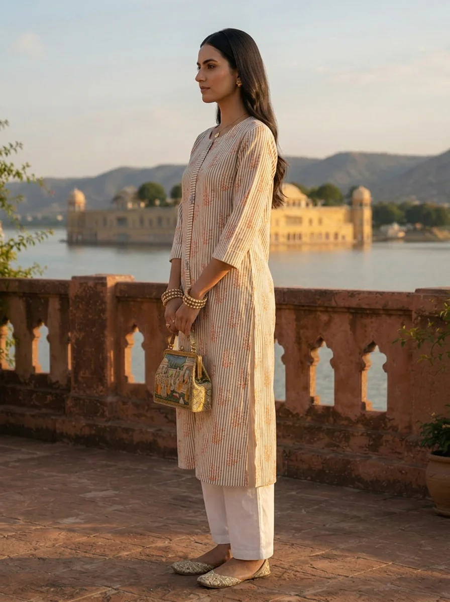 Cream Cotton Stripe And Floral Printed Kurta - Image 3