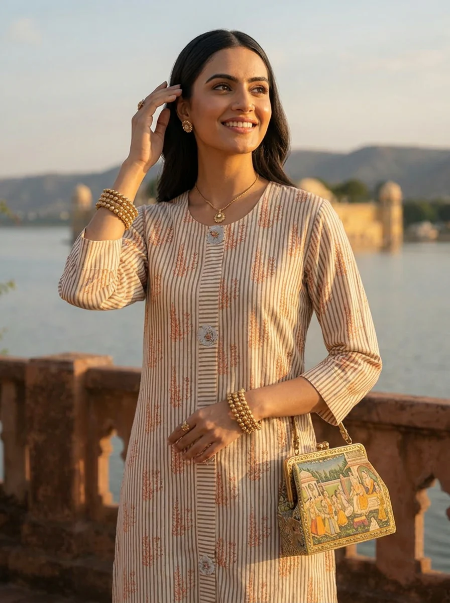 Cream Cotton Stripe And Floral Printed Kurta - Image 4