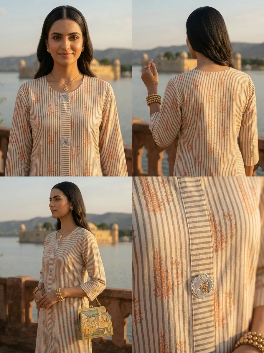 Cream Cotton Stripe And Floral Printed Kurta - Image 5