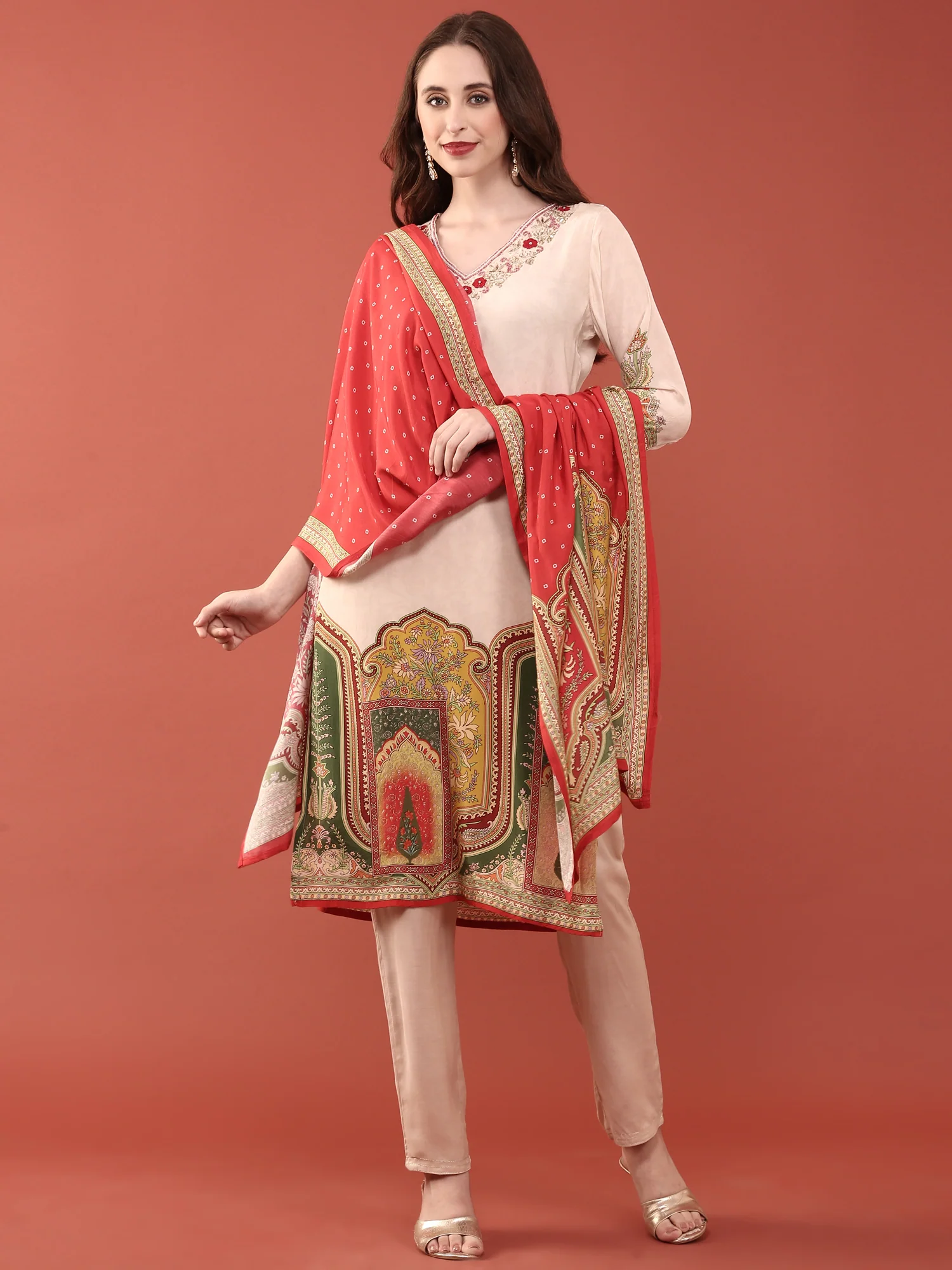 Cream Crepe Digital Print Three Piece Set