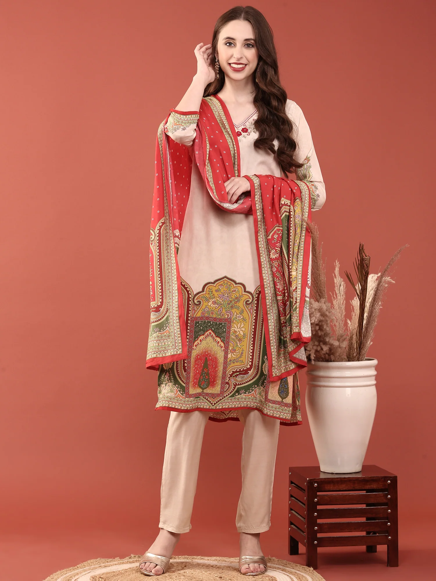 Cream Crepe Digital Print Three Piece Set - Image 5