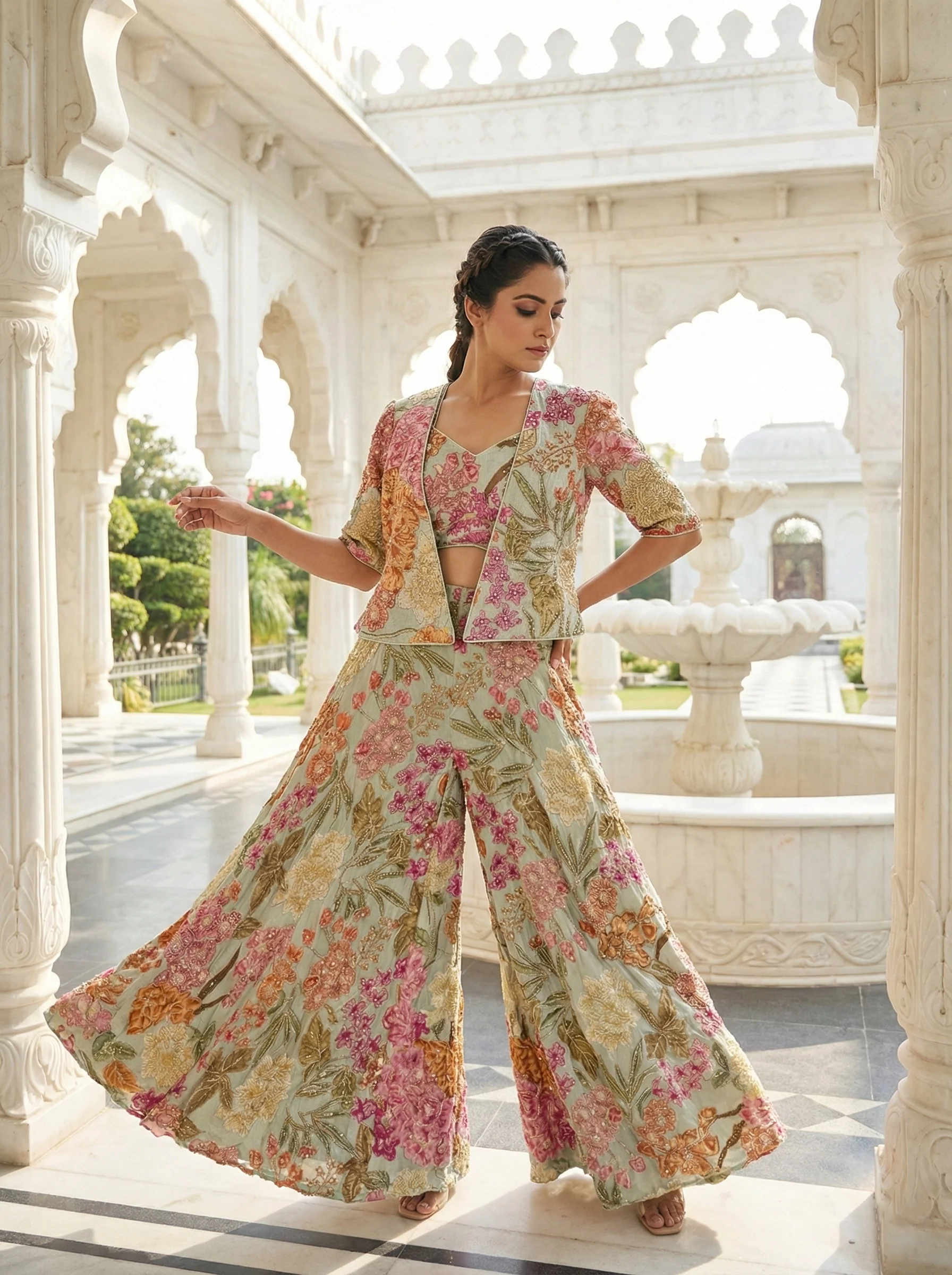 Cream Banarasi Heavy Stone Work Three Piece Set - Image 3