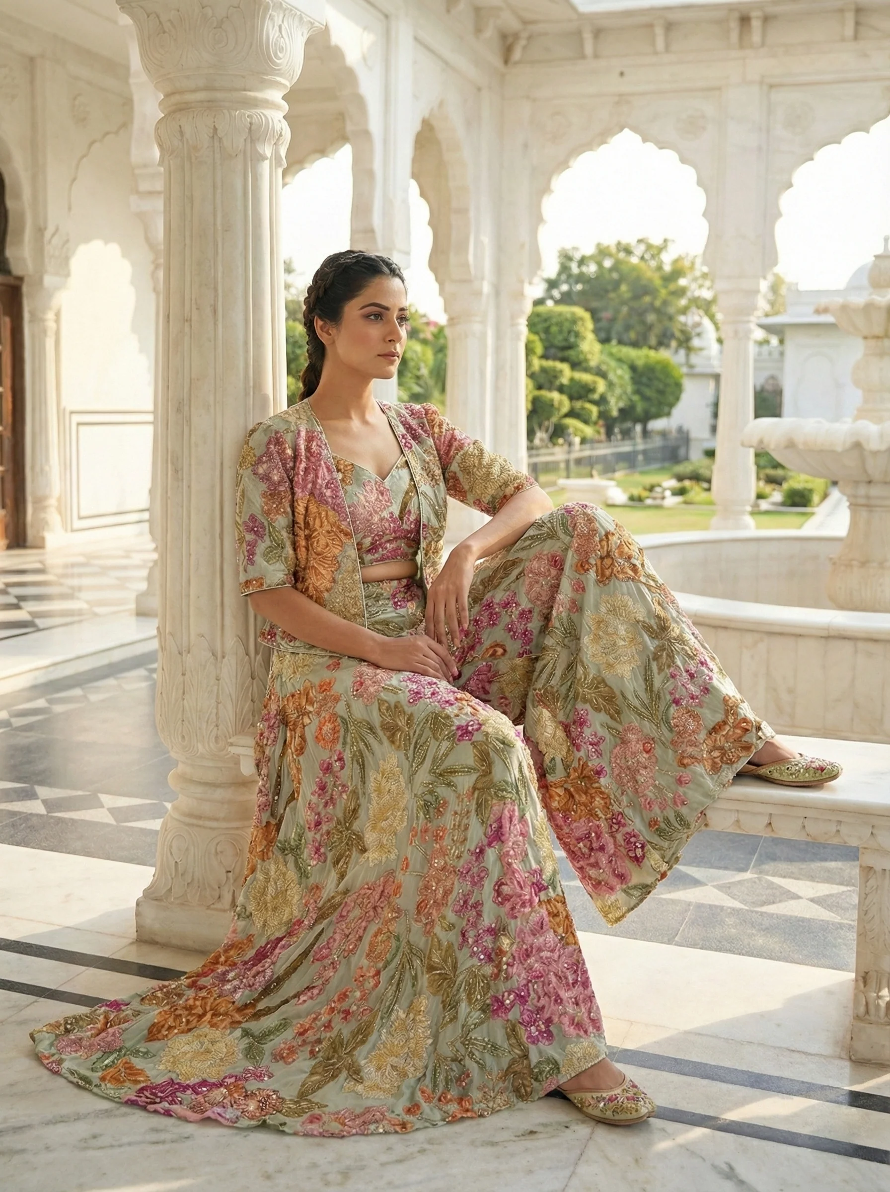 Cream Banarasi Heavy Stone Work Three Piece Set - Image 5