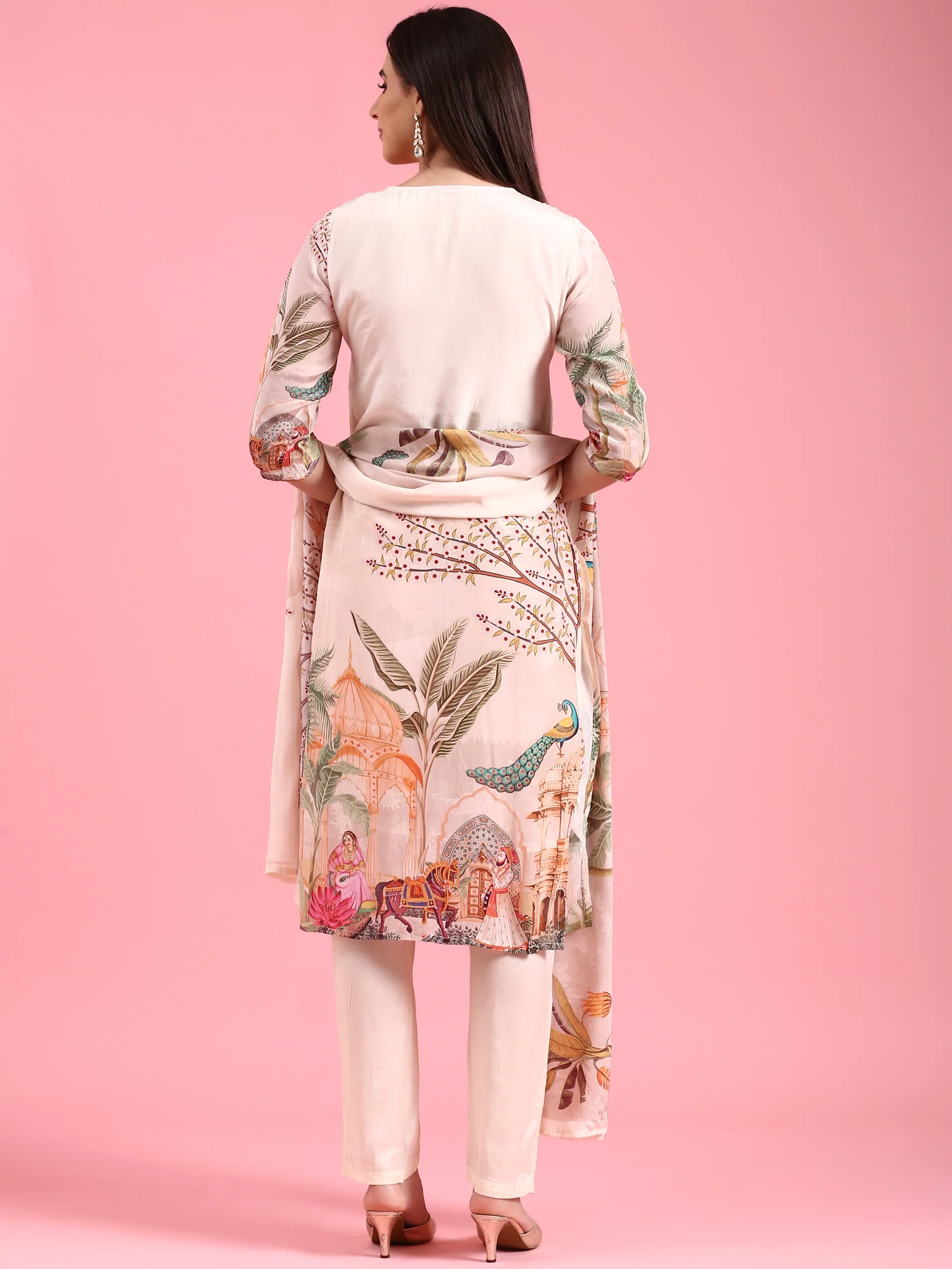 Cream Crepe Printed Embroidery Three Piece Suit Set - Image 3