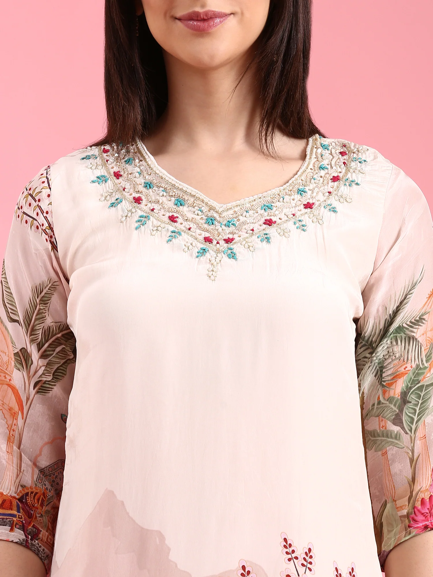 Cream Crepe Printed Embroidery Three Piece Suit Set - Image 4