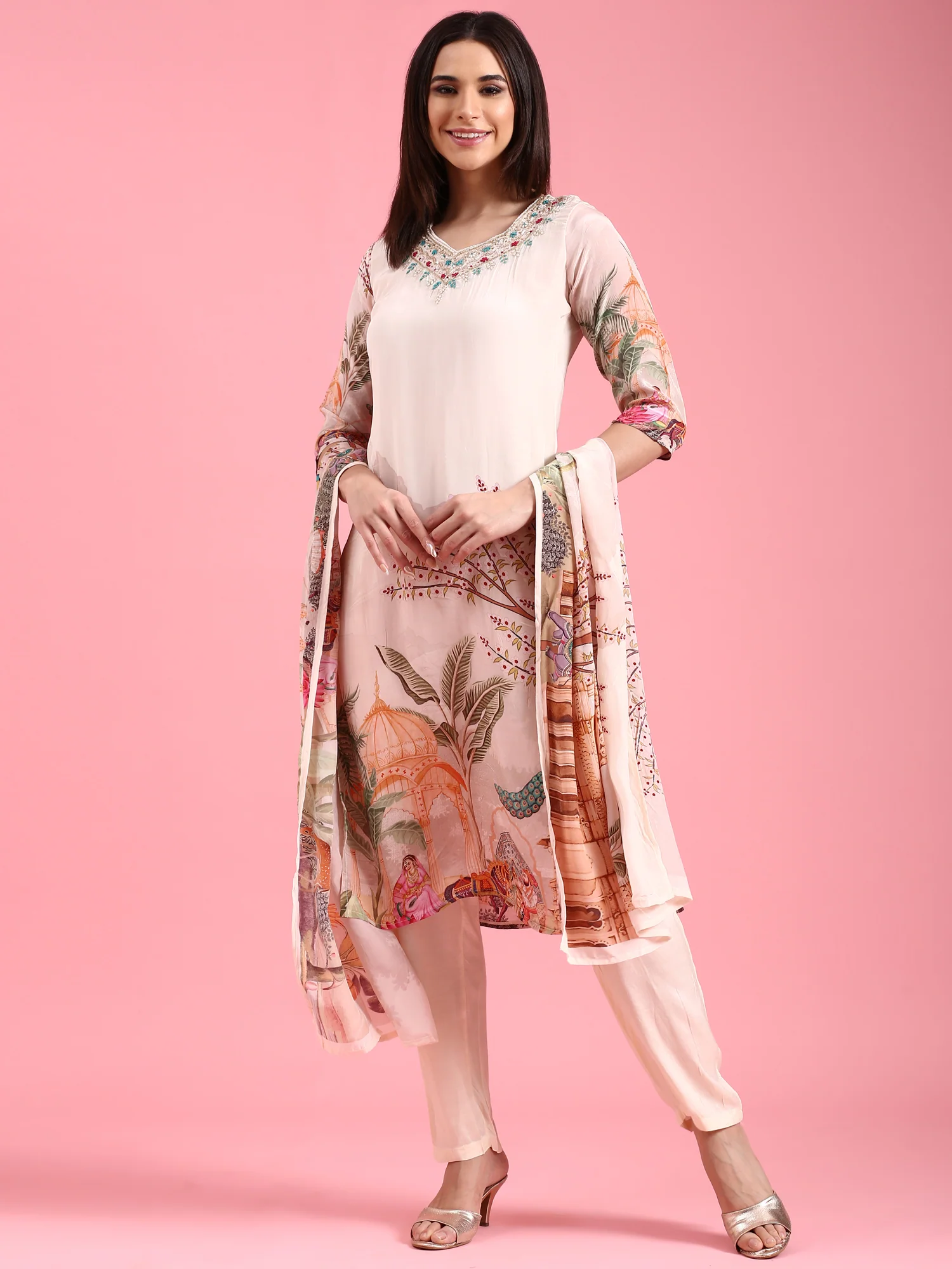 Cream Crepe Printed Embroidery Three Piece Suit Set - Image 5