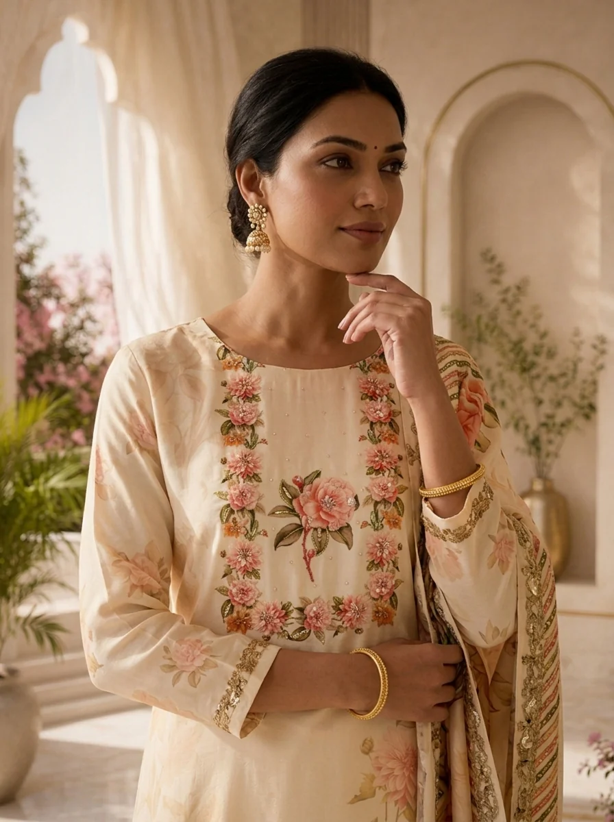 Cream Floral Digital Print Silk Three Piece Set