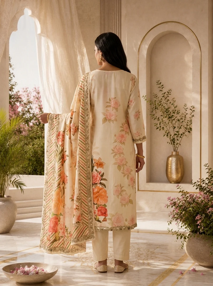 Cream Floral Digital Print Silk Three Piece Set - Image 3
