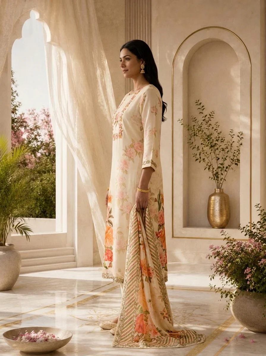 Cream Floral Digital Print Silk Three Piece Set - Image 4