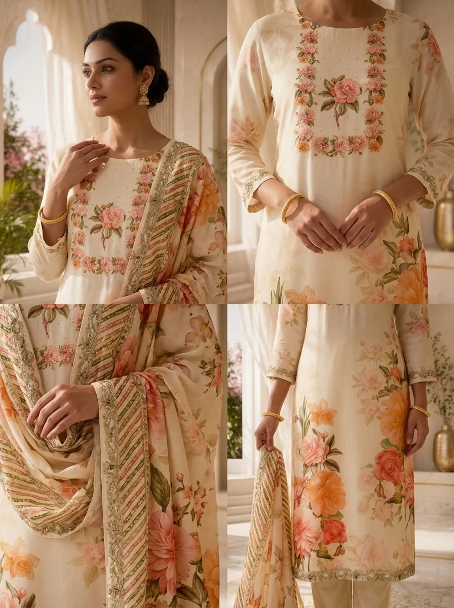 Cream Floral Digital Print Silk Three Piece Set - Image 5