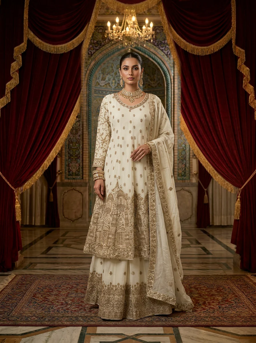 Cream Georgette Ethnic Embroidery Sharara Set With Dupatta