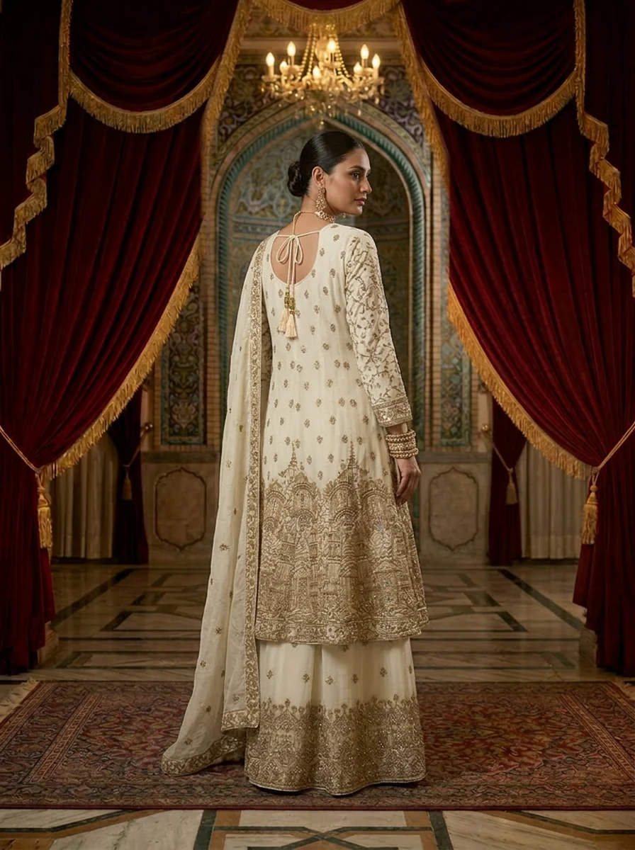 Cream Georgette Ethnic Embroidery Sharara Set With Dupatta - Image 2