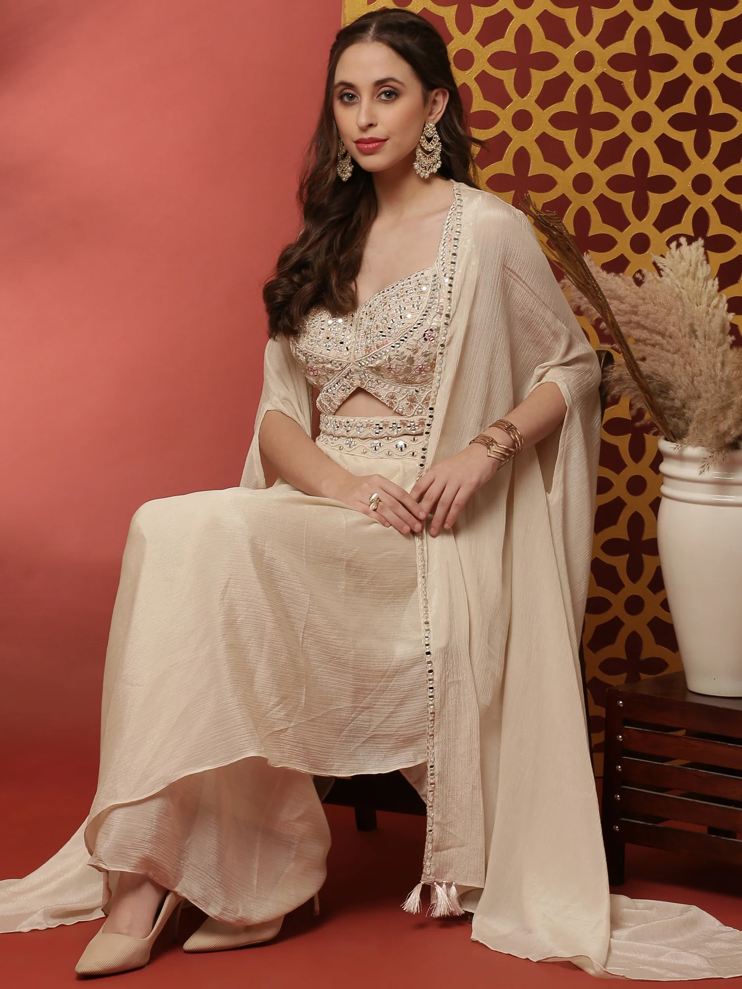 Cream Handwork Blouse Skirt Set With Jacket - Image 6
