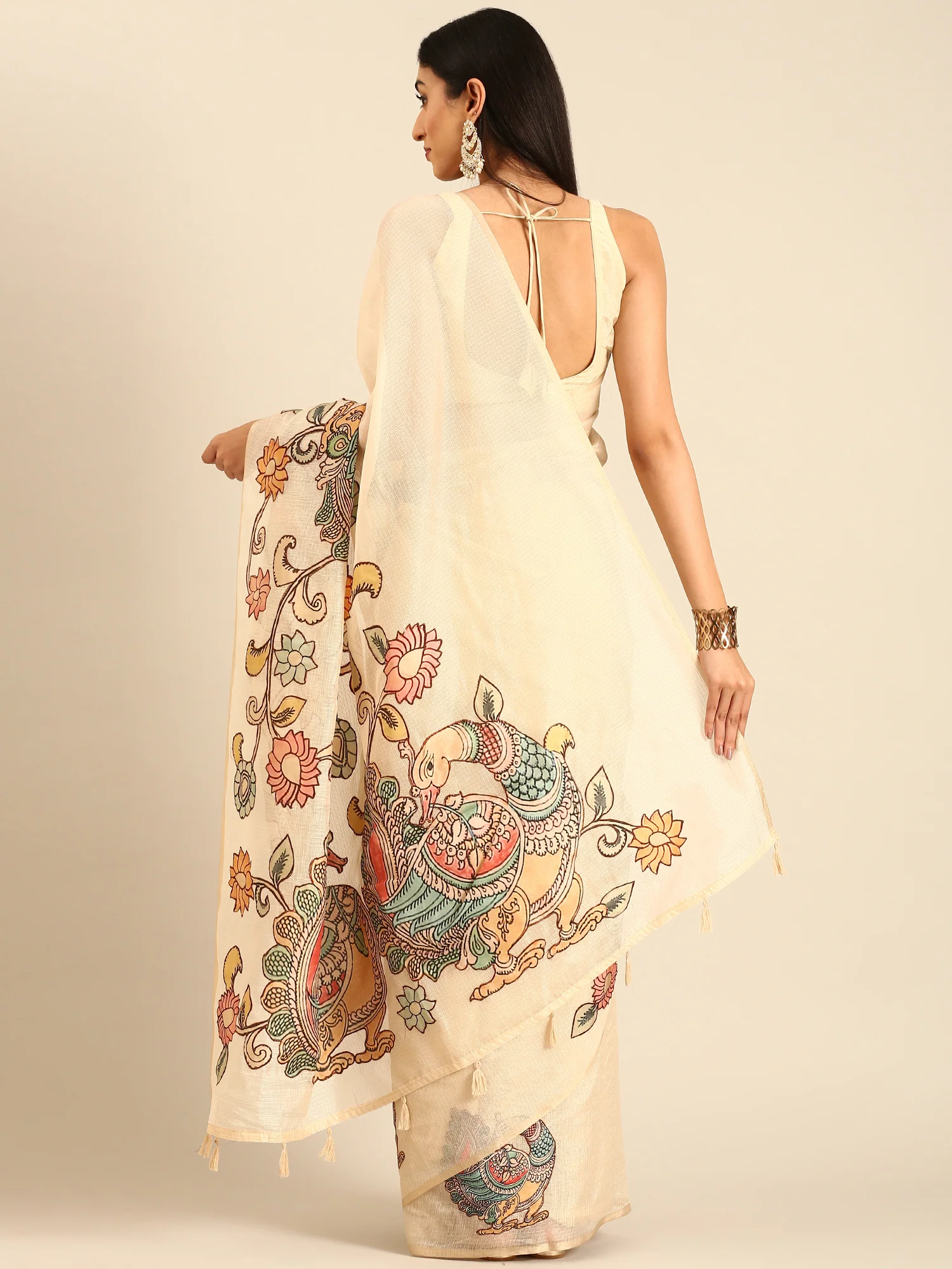 Cream Kota Saree With Kalamkari Appliqué Work On Pallu - Image 2