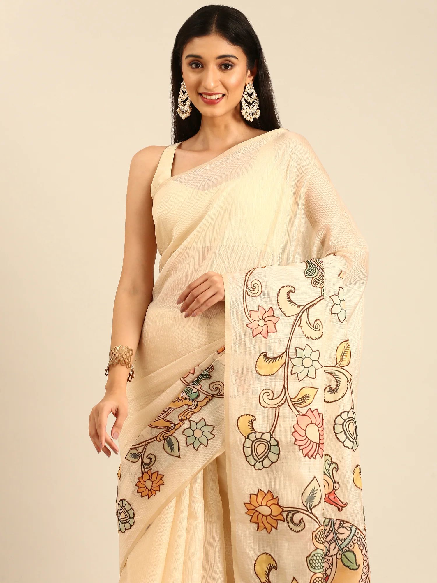 Cream Kota Saree With Kalamkari Appliqué Work On Pallu - Image 3
