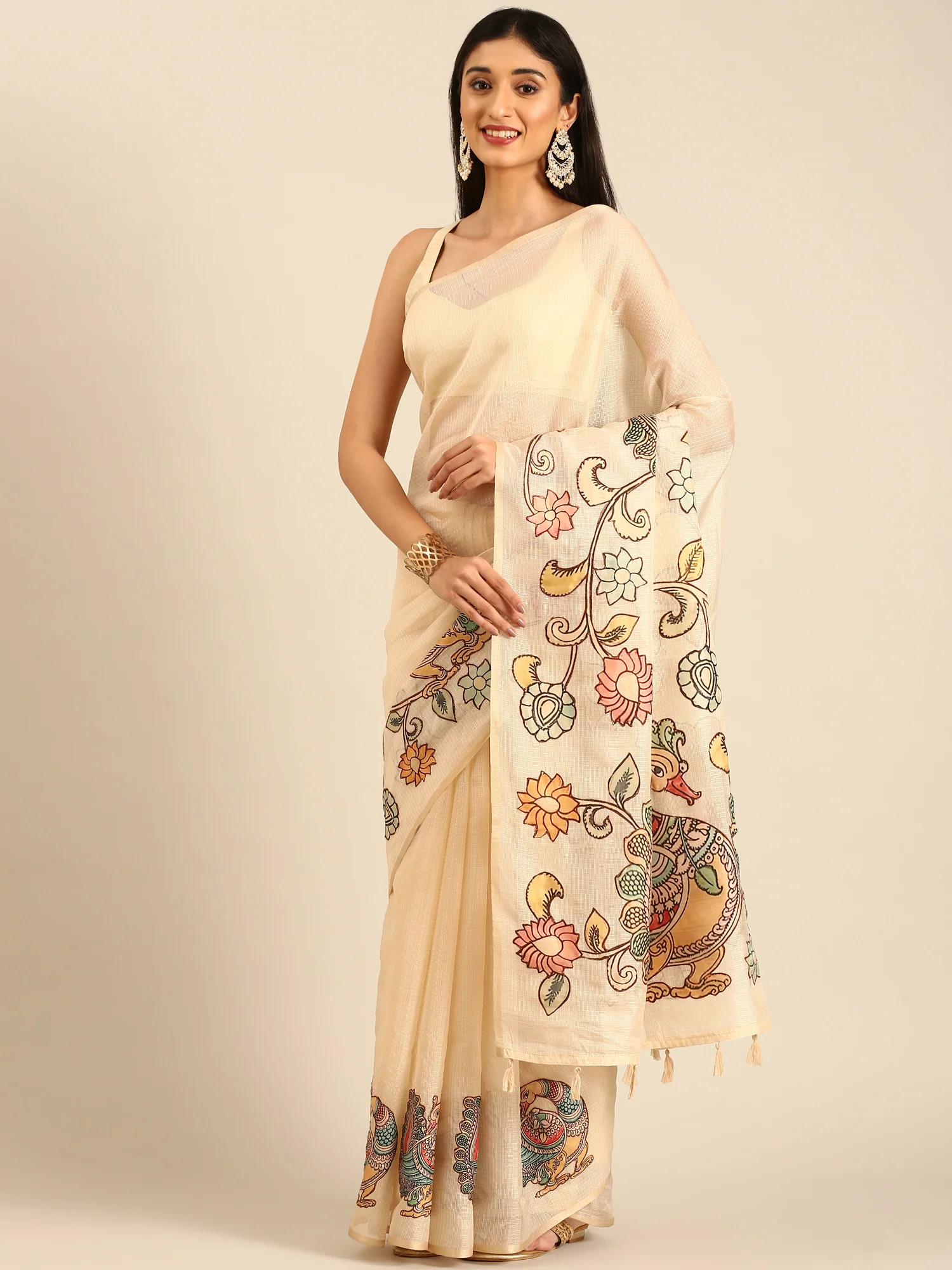 Cream Kota Saree With Kalamkari Appliqué Work On Pallu - Image 4