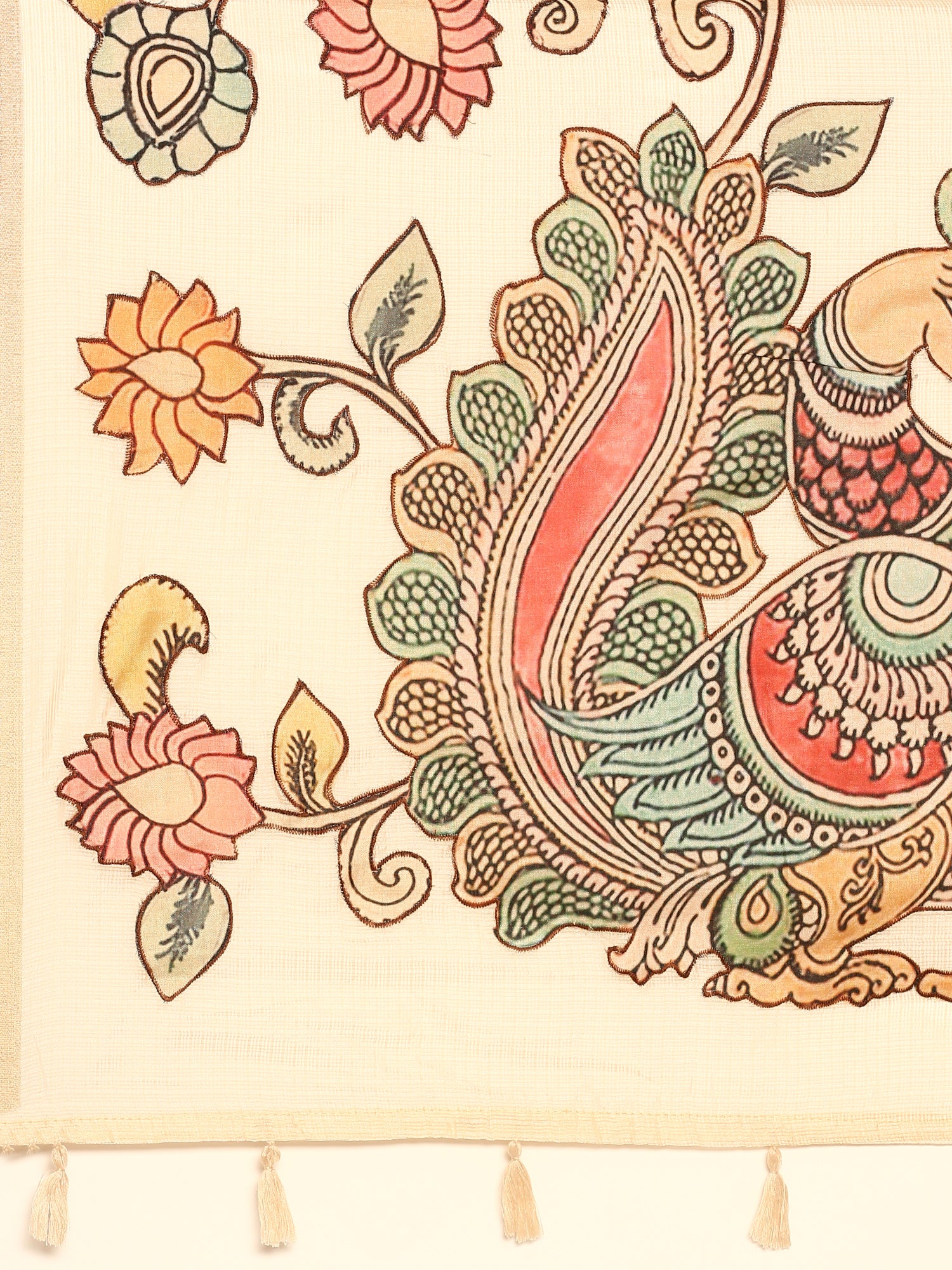 Cream Kota Saree With Kalamkari Appliqué Work On Pallu - Image 5