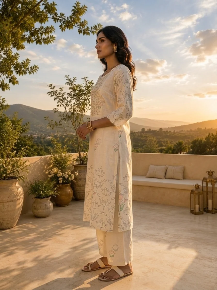 Cream Linen Art Floral Printed Two Piece Set - Image 3