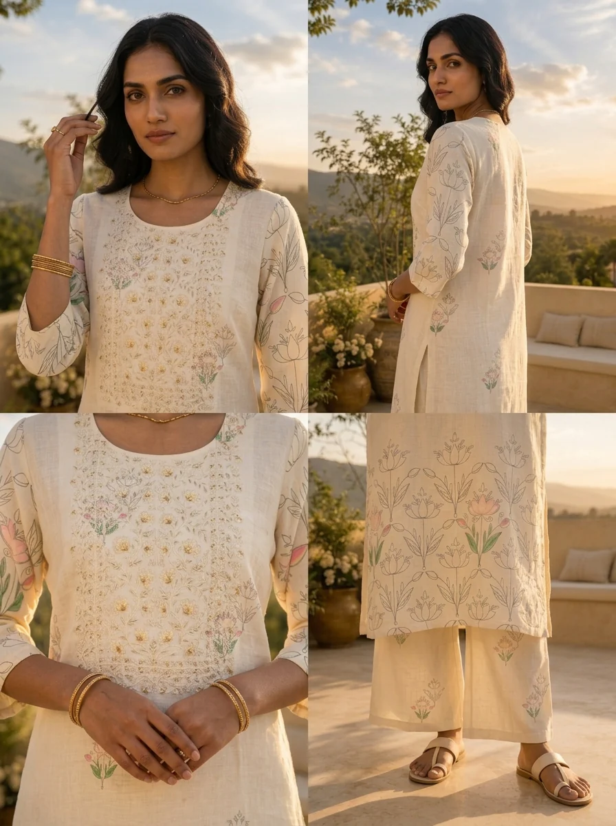 Cream Linen Art Floral Printed Two Piece Set - Image 5