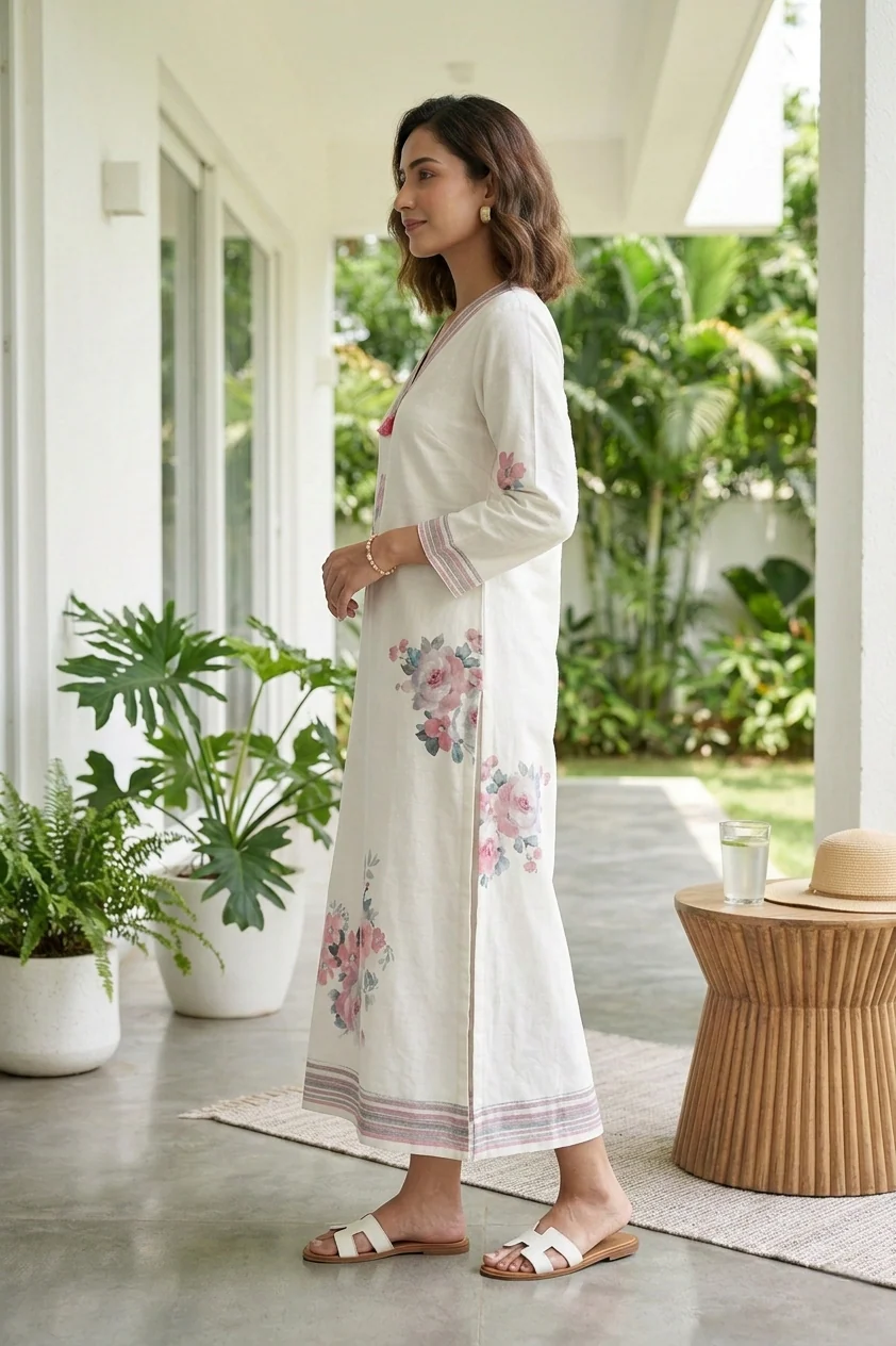 Cream Linen Floral Digital Printed Kurta - Image 2