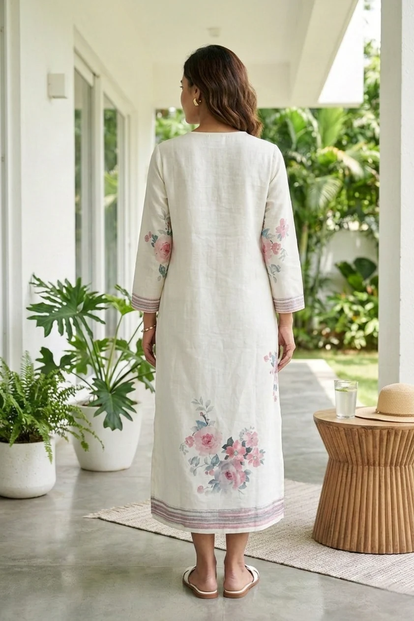 Cream Linen Floral Digital Printed Kurta - Image 3
