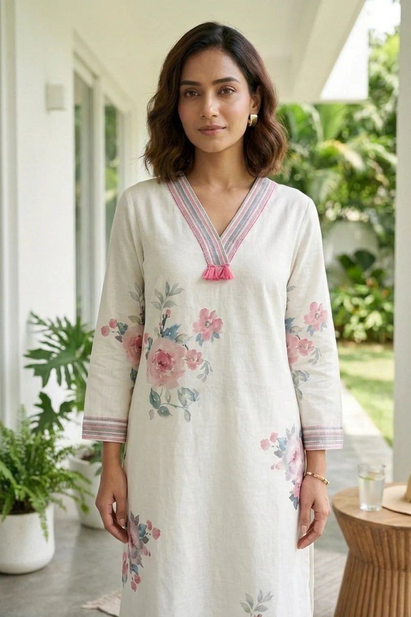 Cream Linen Floral Digital Printed Kurta - Image 4