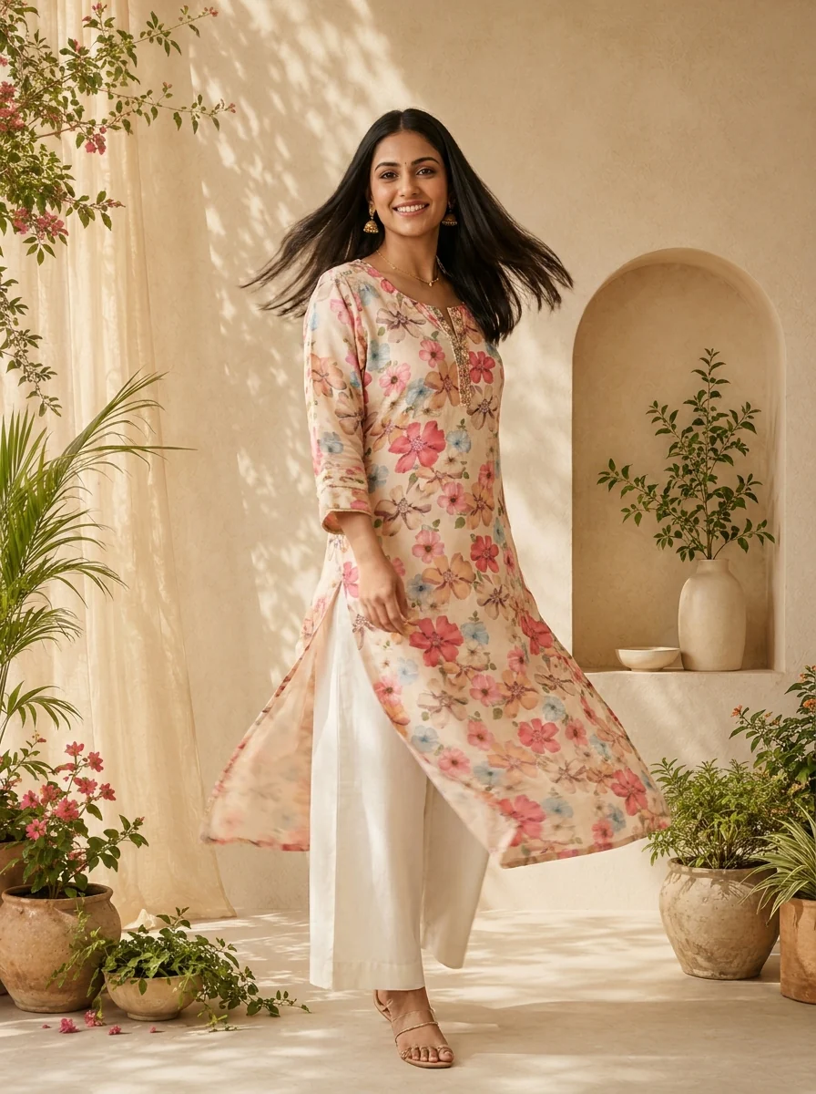 Cream Linen Floral Printed And Patch Embroidered Kurta