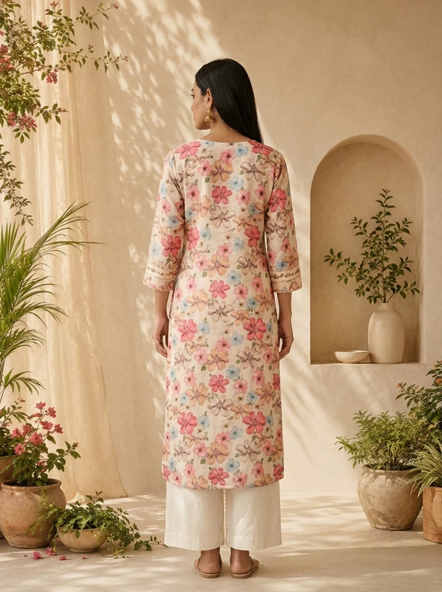 Cream Linen Floral Printed And Patch Embroidered Kurta - Image 2