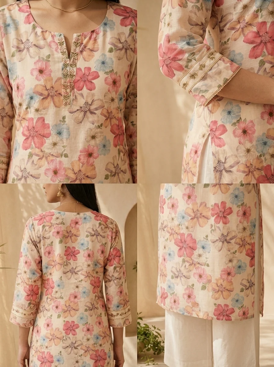 Cream Linen Floral Printed And Patch Embroidered Kurta - Image 5