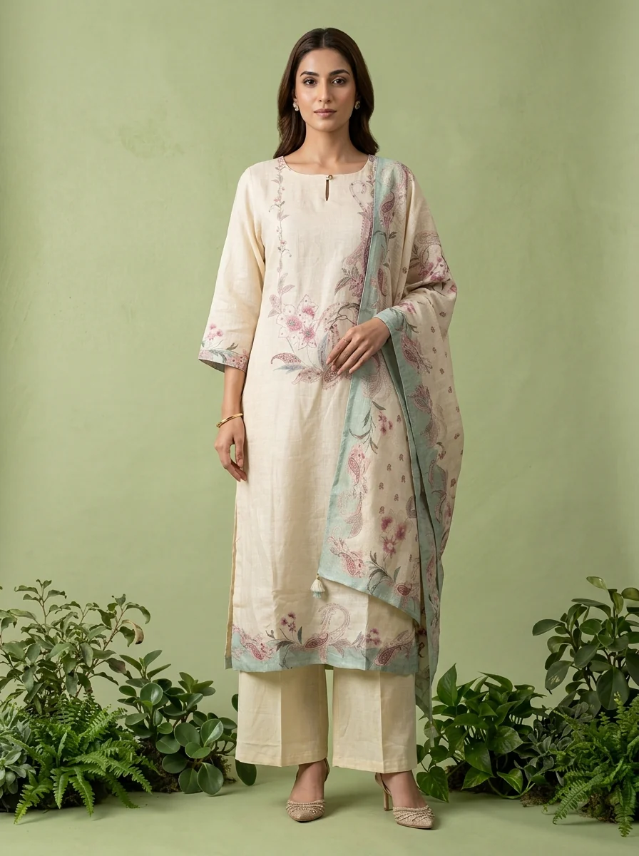Cream Linen Floral Printed And Sequins Embroidered Three Piece Set