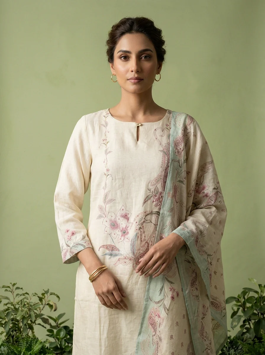 Cream Linen Floral Printed And Sequins Embroidered Three Piece Set - Image 2
