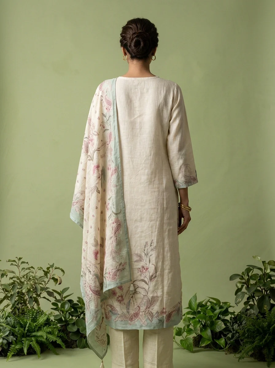 Cream Linen Floral Printed And Sequins Embroidered Three Piece Set - Image 4