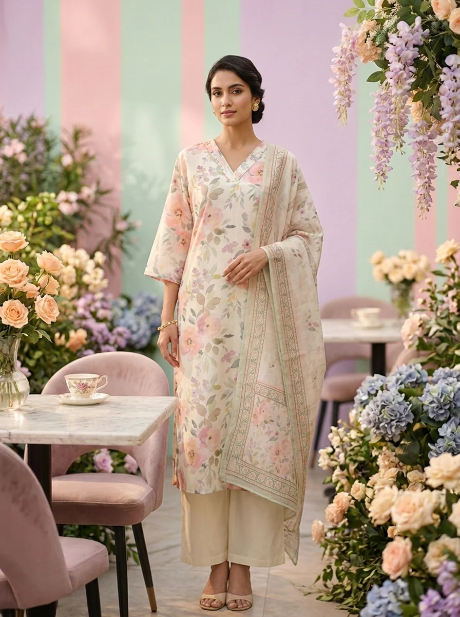 Cream Linen Floral Printed Three Piece Set