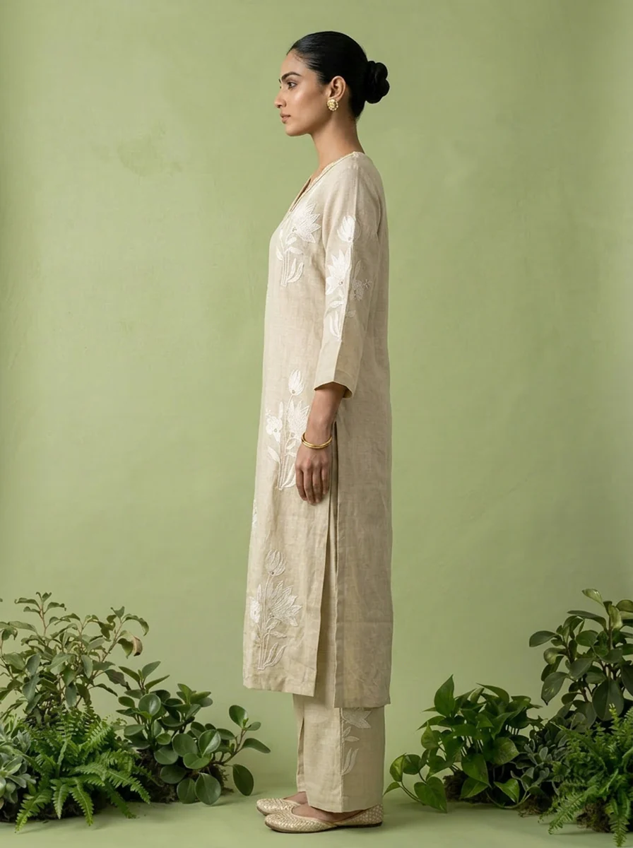 Cream Linen Floral Thread Embroidered Two Piece Set - Image 3