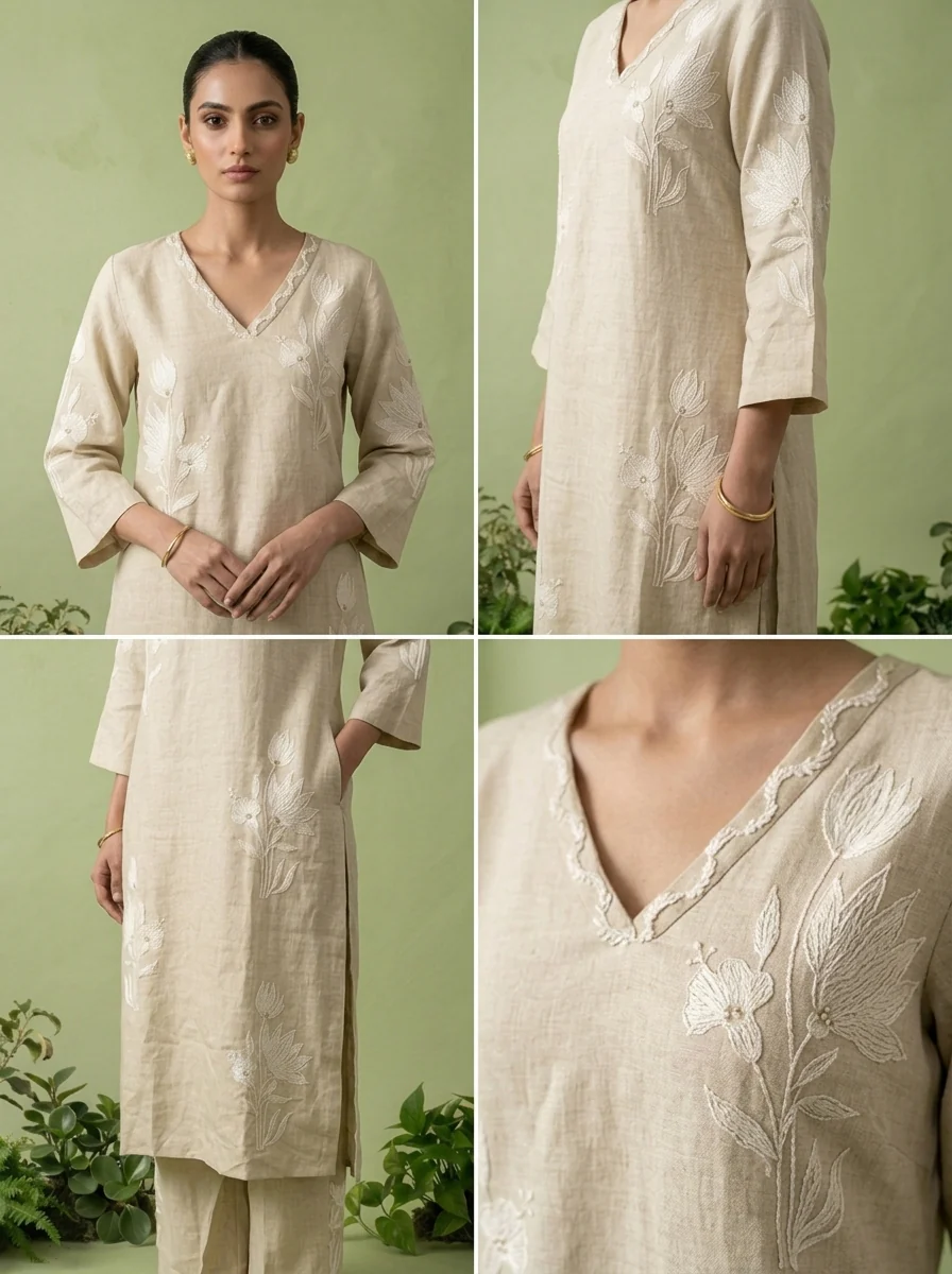 Cream Linen Floral Thread Embroidered Two Piece Set - Image 4