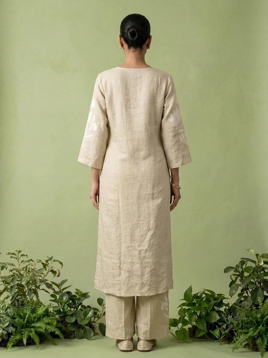 Cream Linen Floral Thread Embroidered Two Piece Set - Image 5