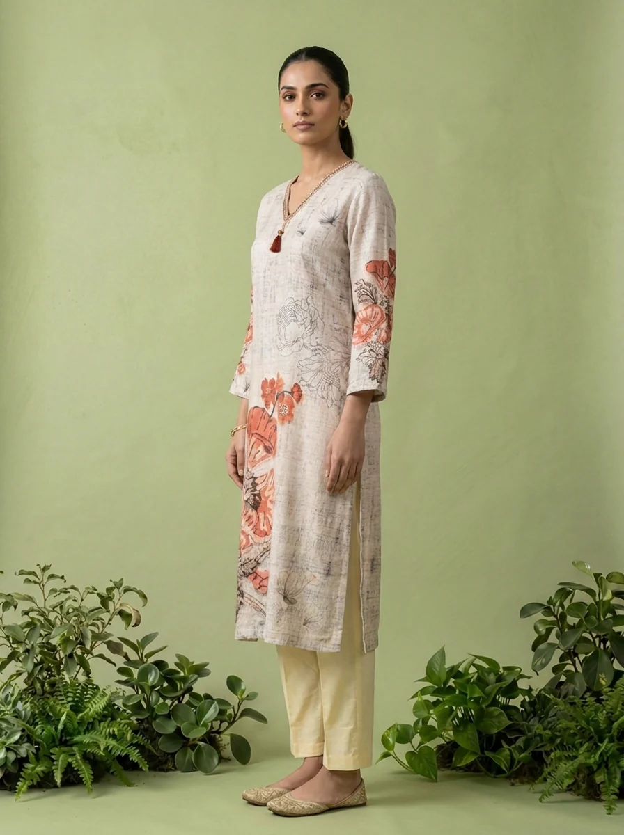 Cream Linen Printed Kurta - Image 4