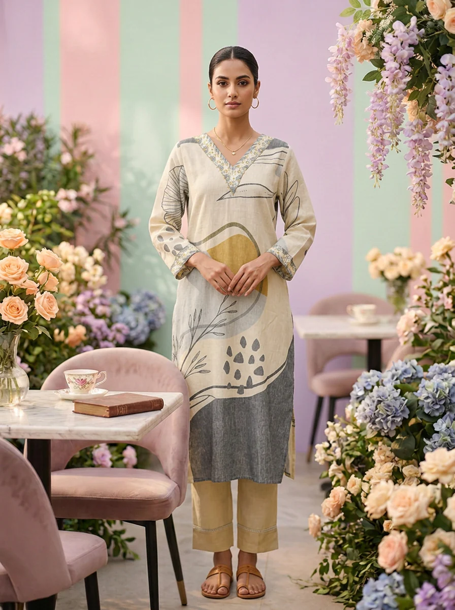 Cream Linen Printed Two Piece Set