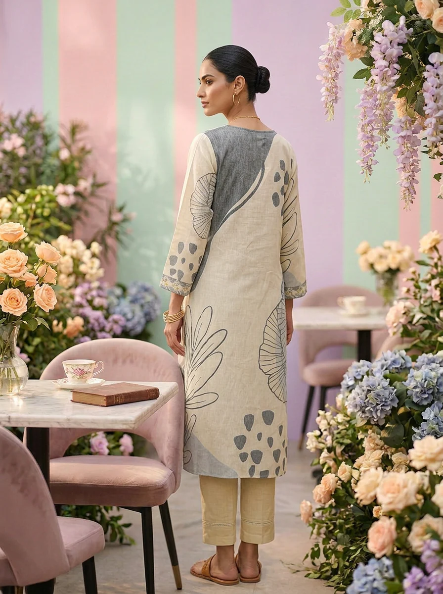 Cream Linen Printed Two Piece Set - Image 2