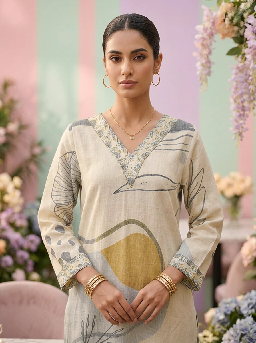Cream Linen Printed Two Piece Set - Image 4