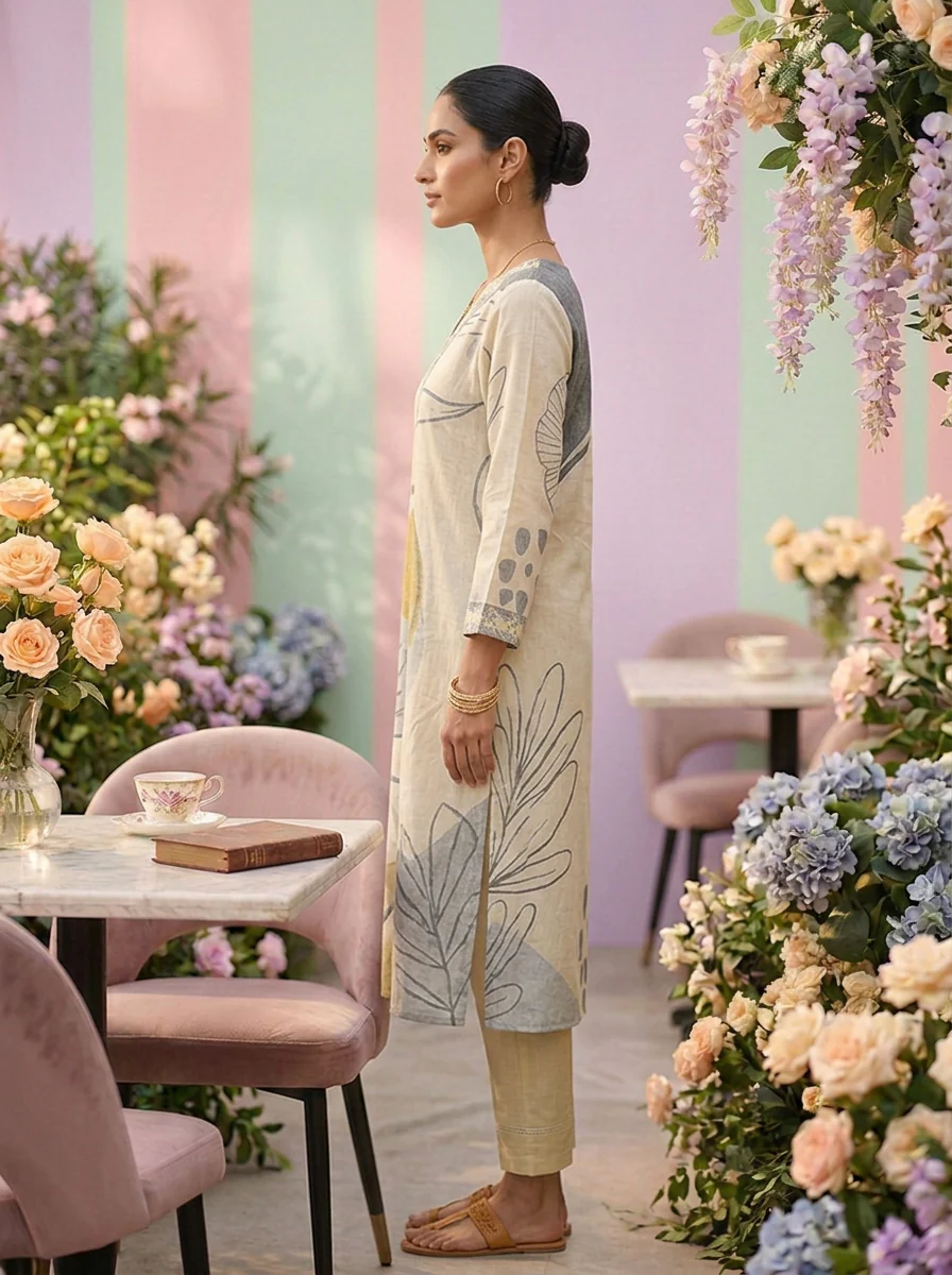 Cream Linen Printed Two Piece Set - Image 5
