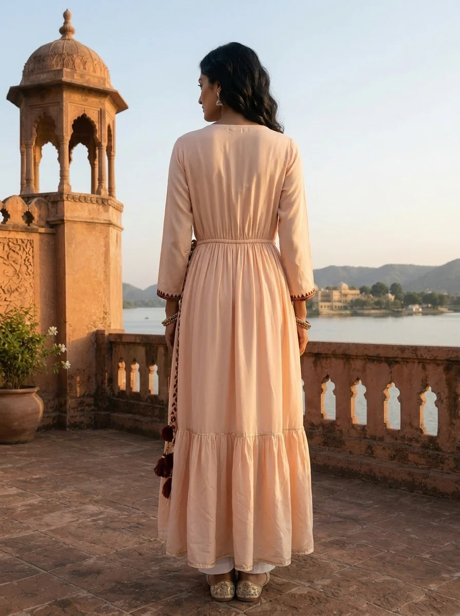 Cream Model Triangle Thread Embroidered Angrakha Dress - Image 2