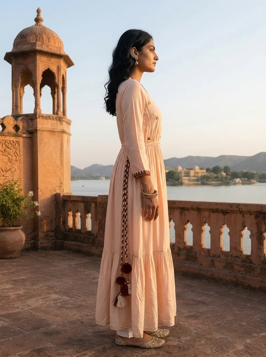 Cream Model Triangle Thread Embroidered Angrakha Dress - Image 3