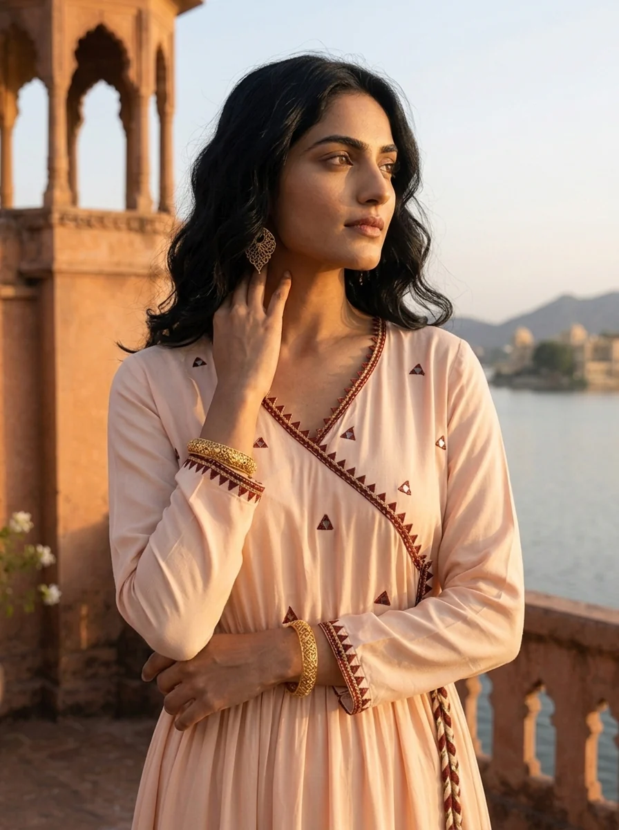 Cream Model Triangle Thread Embroidered Angrakha Dress - Image 4