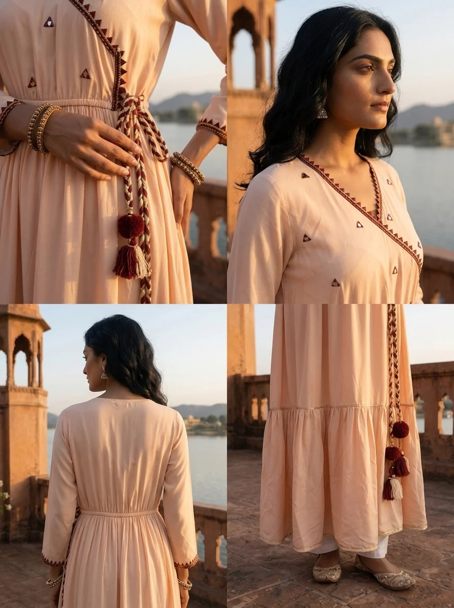Cream Model Triangle Thread Embroidered Angrakha Dress - Image 5