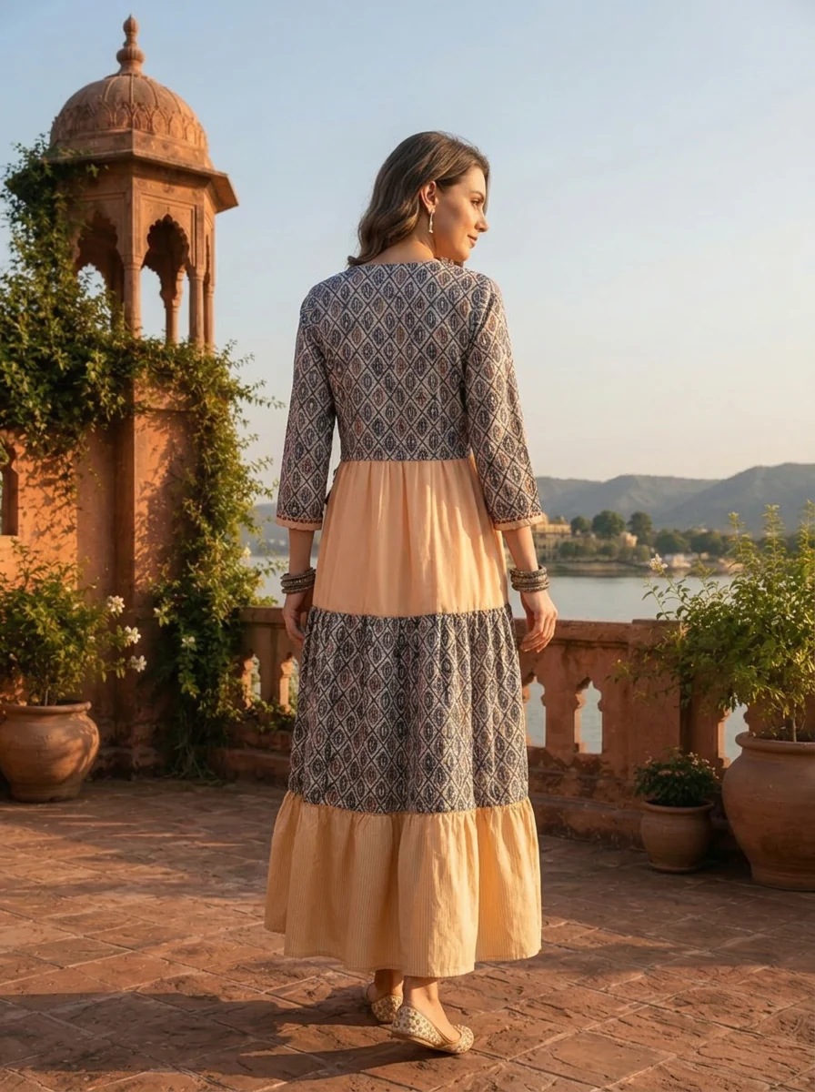 Cream Muslin Ajrakh Block Printed Dress - Image 2