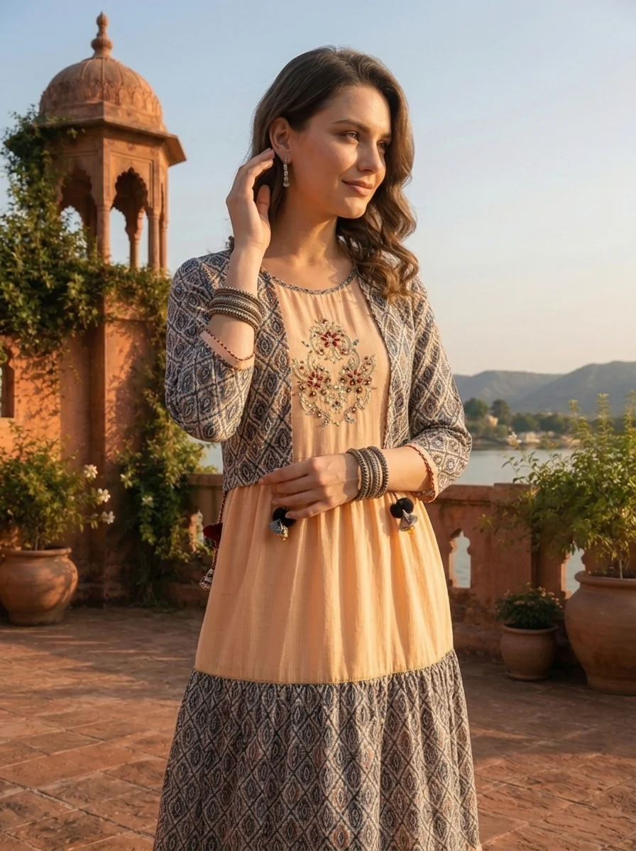 Cream Muslin Ajrakh Block Printed Dress - Image 4