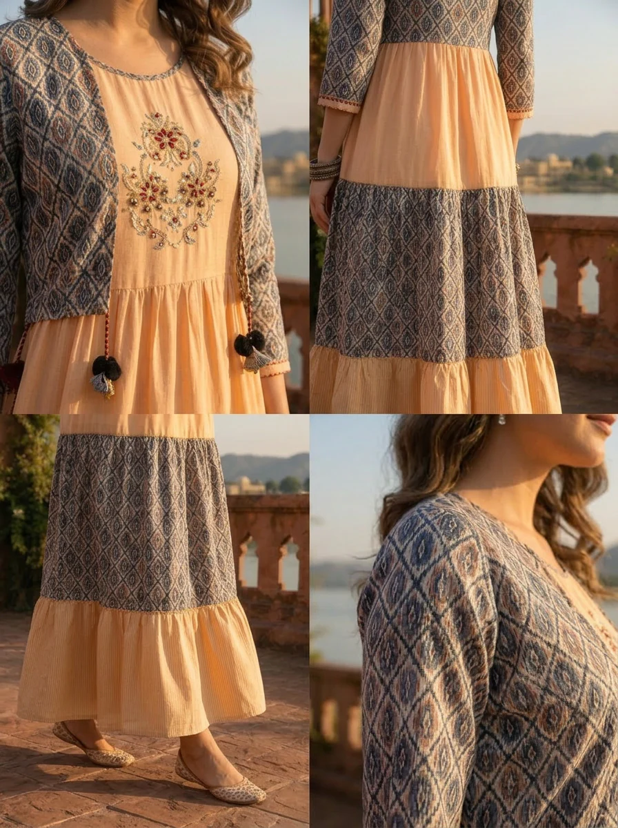 Cream Muslin Ajrakh Block Printed Dress - Image 5